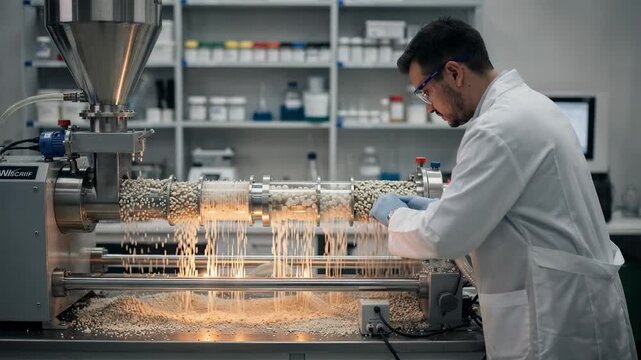 Pilotscale resin compounding setup showing medium shot of extruder blending fillers with polymers highlighting workflow adaptation in a researchfocused workshop.