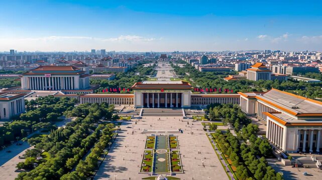 Overview of Tiananmen Square in Beijing with clear skies and trees lining the pathways