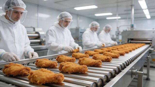 Workers in food processing plant handling fried chicken