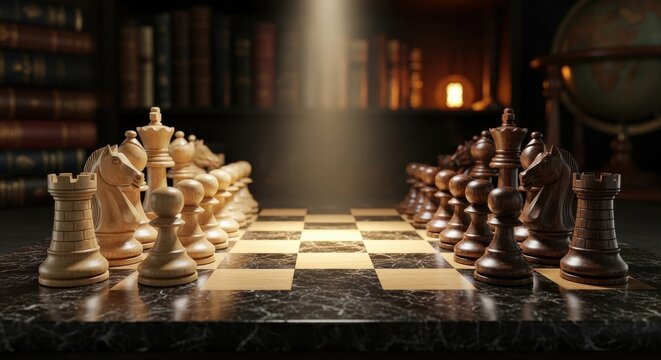 A beautifully carved wooden chess set on a marble table, set against a backdrop of antique books and soft lighting