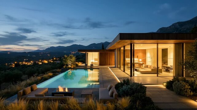 Modern luxury villa with infinity pool and outdoor fireplace at dusk