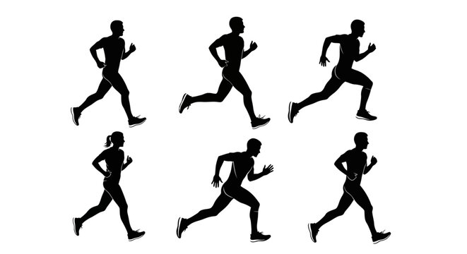 Silhouette runners, male and female, in motion, set of six, athletic, fitness, sport
