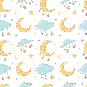 Cute sleeping moon and clouds seamless pattern for baby textile and wrapping
