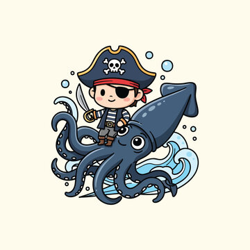 A cartoon pirate with a hat, eye patch and sword rides atop a giant squid. Waves and bubbles add to the sea theme. The art is cute and bright