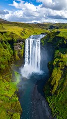 Fototapeta premium A serene waterfall cascading down a lush green cliff