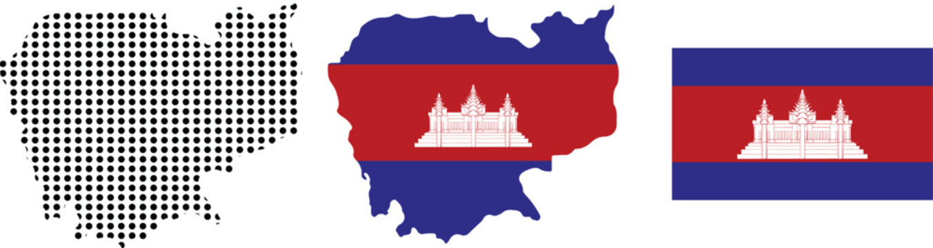 Cambodia Map Halftone Pattern and Cambodia Flag Map with National Flag Vector Illustration