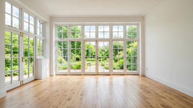 Spacious sunroom with panoramic windows overlooking lush green garden and wooden floor