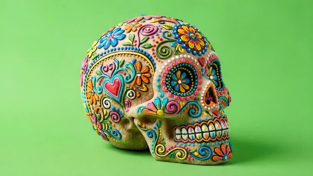 Intricately decorated sugar skull with colorful floral patterns on a bright green background