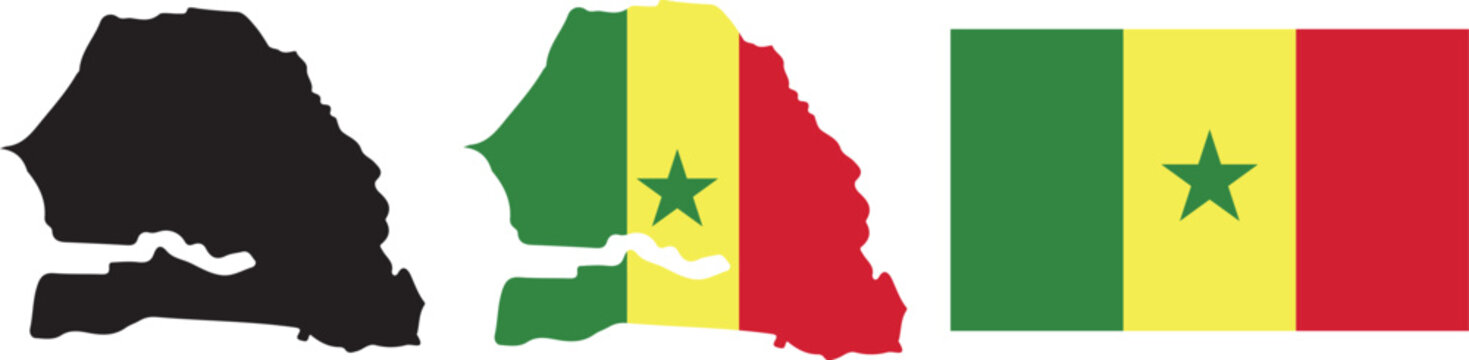 Senegal Map Silhouette and Senegal Flag Map with National Flag Vector Illustration