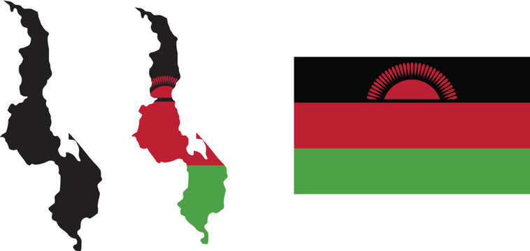 Malawi Map Silhouette and Malawi Flag Map Vector Illustration