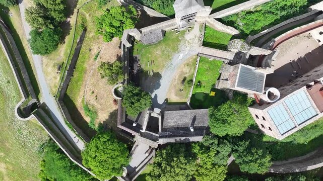 Top down aerial view of fortress, Helfstyn Castle. Tourist attraction, historical landmark.