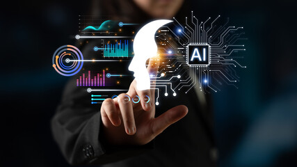 Human profile and AI circuit symbolize cognition, learning and data analytics, illustrating...