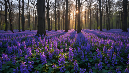 Obraz premium A sunlit forest floor carpeted with vibrant bluebells, creating a dreamy landscape of nature's beauty and tranquility.