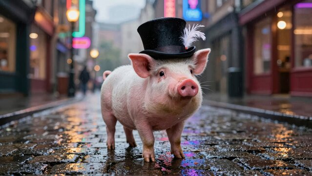 Pig in tophat on rainy city street
