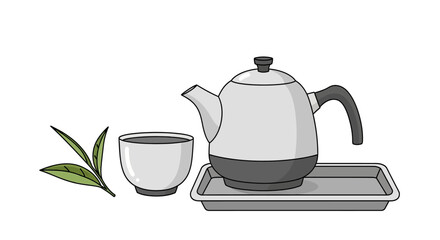 Obraz premium Tea Ceremony Set: Kettle, Cup, and Fresh Leaves on Tray