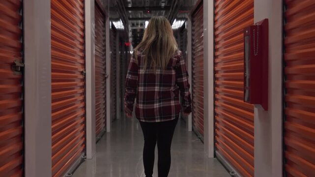Woman walks away down a storage unit Hallway