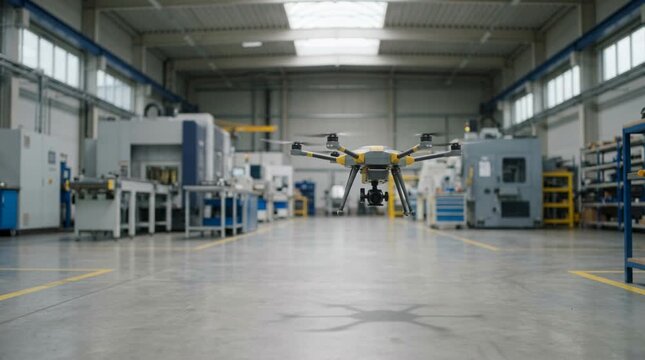 Quadcopter Drone Hovering In Industrial Factory Environment Showing AI Robotics And Autonomous Inspection Technology
