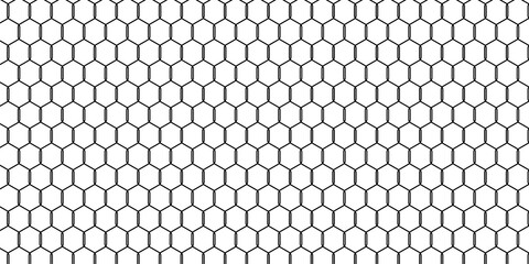 Seamless hexagon wire mesh pattern on white. Black honeycomb chicken wire fence texture for industrial, farm, and garden design projects. © Sajid