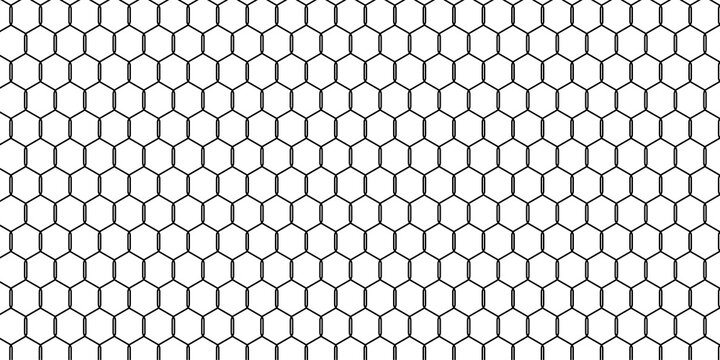 Seamless hexagon wire mesh pattern on white. Black honeycomb chicken wire fence texture for industrial, farm, and garden design projects.