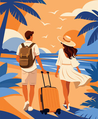 Summer vacation. Vector illustration, couple on vacation, strolling along the beach. Man carries backpack, suitcase, woman in hat. Palm trees, sunset, seagulls. For travel brochures, hotels, tourism.