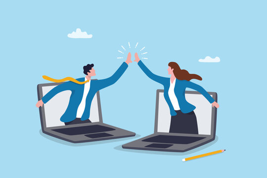 Collaboration teamwork on remote work technology, virtual office meeting online, team communication connection or online discussion, business colleagues high five hand from online computer laptop.