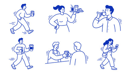 Minimal Line Illustration Set of People Drinking Coffee, Walking, Buying and Using Smartphone, Daily Lifestyle Concept