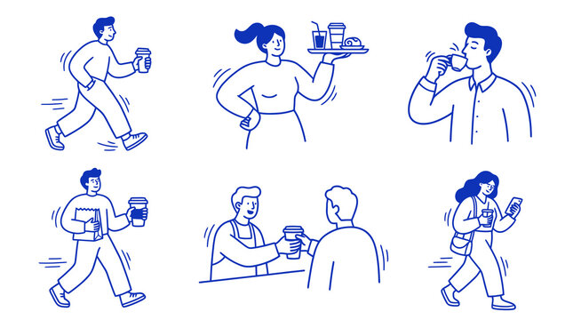 Minimal Line Illustration Set of People Drinking Coffee, Walking, Buying and Using Smartphone, Daily Lifestyle Concept