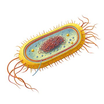 Microscopic 3D Illustration of a Bacterial Cell Anatomy showing Nucleoid, Ribosomes and Flagella for Biology Education