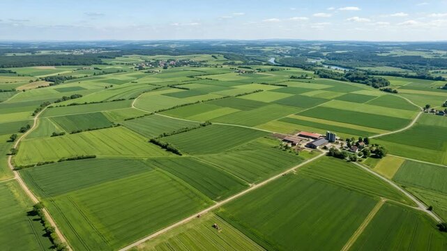 Aerial view of vibrant green patchwork farmland with rural village and distant river