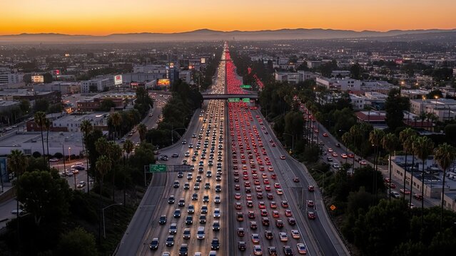 Aerial view of heavy traffic congestion on a multi-lane highway at dusk with city skyline