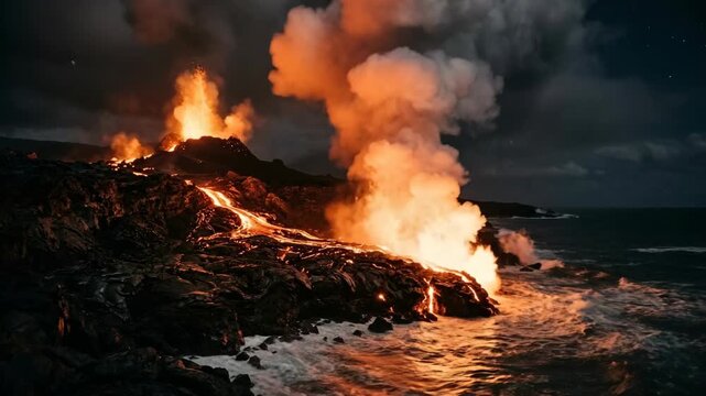 Volcanic eruption spewing molten lava and smoke into the night sky over the ocean