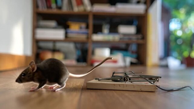 A small rodent cautiously approaches a trap, wooden floor, bookshelf background