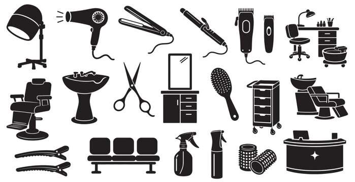 Hair Salon Equipment Collection Vector Icons Silhouette Style
