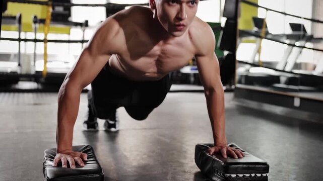 Strong muscular sportsman boxer doing push-up exercises on boxing ring warm up or ready for training for match with athlete, start or prepare body for performance with power