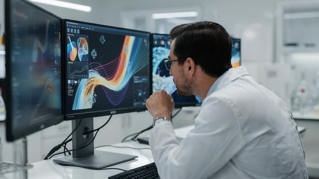 Scientist adjusting compound parameters on a computer in a modern lab while AI software visualizes formulation optimization data on multiple monitors.