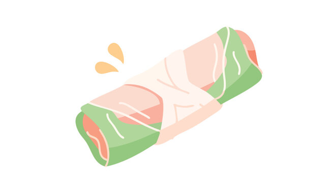 An illustrated depiction of a wrapped food item, displaying various hues of green, pink, and white on a clean white background. Accompanying yellow drops