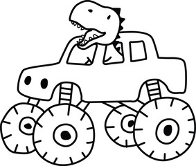 Cute dinosaur driving a monster truck illustration, vector © Md