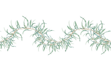 Fototapeta premium A seamless border with a curved, wave-like eucalyptus branch. Isolated watercolor illustration for wedding invitations, cosmetics, greeting cards, and articles on medicine, ecology, and plants.