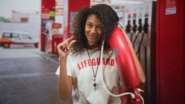 Teen woman lifeguard with curly hair wearing lifeguard shirt, holding red rescue float and whistle, pinching fingers with visible hand at a gas station; playful confidence.