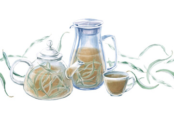 A seamless border with eucalyptus leaves, a teapot, a pitcher and a cup. Isolated watercolor illustration for wedding invitations, cosmetics, greeting cards, articles on medicine, ecology, plants.