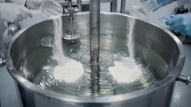 Vertical emulsifier tank with opentop design showing hands adding powder gums into a clear liquid concentrate during industrial mixing process.