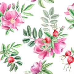 Fototapeten Tropische Blätter A seamless pattern with rose hips, leaves, and flowers. Illustration for vegan products, herbal medicine, natural cosmetics, textiles, vintage printing, children's products, and packaging.  © Svetlana