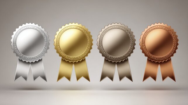Set of four realistic metallic award rosette ribbons isolated on white background