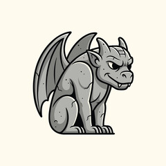 Obraz premium Illustration of a grey cartoon gargoyle, a mythical creature with a menacing expression, sitting with large wings. The background is a cream color