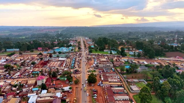 Rural cityscape kenya city skyline. Rural village of kenya. Aerial drone rural towns of kenya- slums . Sunset view of the small village in kenya. Roads of kenya.