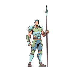 Obraz premium Muscular Warrior with Spear, Ancient Armor, Cartoon Style, Isolated on White