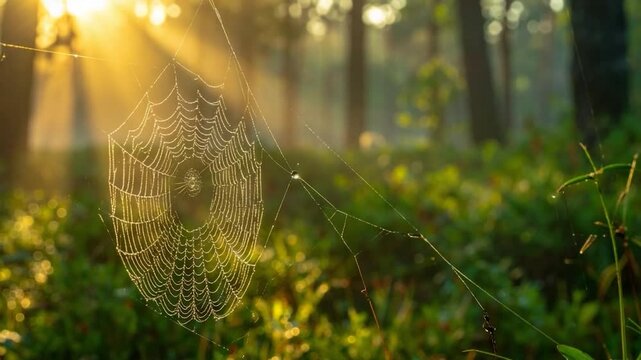 A detailed image of a spider web covered in glistening water drops with a blurred forest background