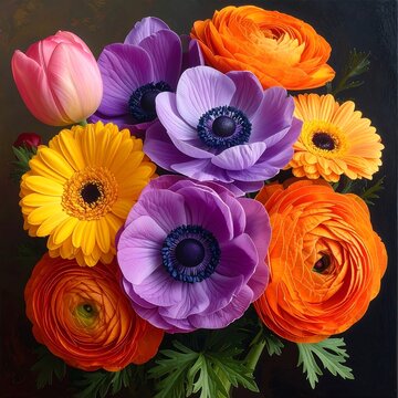 A vibrant bouquet of purple, orange, and yellow flowers