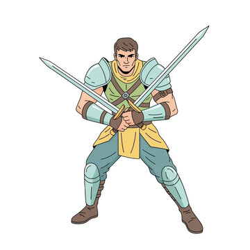 Warrior with Crossed Swords, Fantasy Hero in Armor, Medieval Combatant