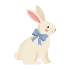 Fototapeta premium Cute white Easter bunny with blue bow. Sitting rabbit vector illustration